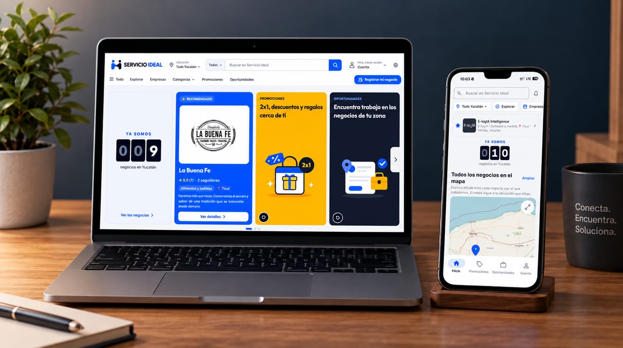 La web de Servicio Ideal abierta en una laptop y la app en un teléfono, sobre un escritorio.
